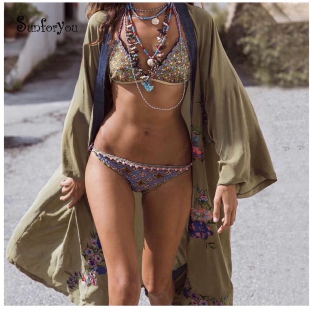 Embroidered Floral Bohemian Kimono Robe Swimsuit Cover-Up in Olive Green - Picture 6 of 7
